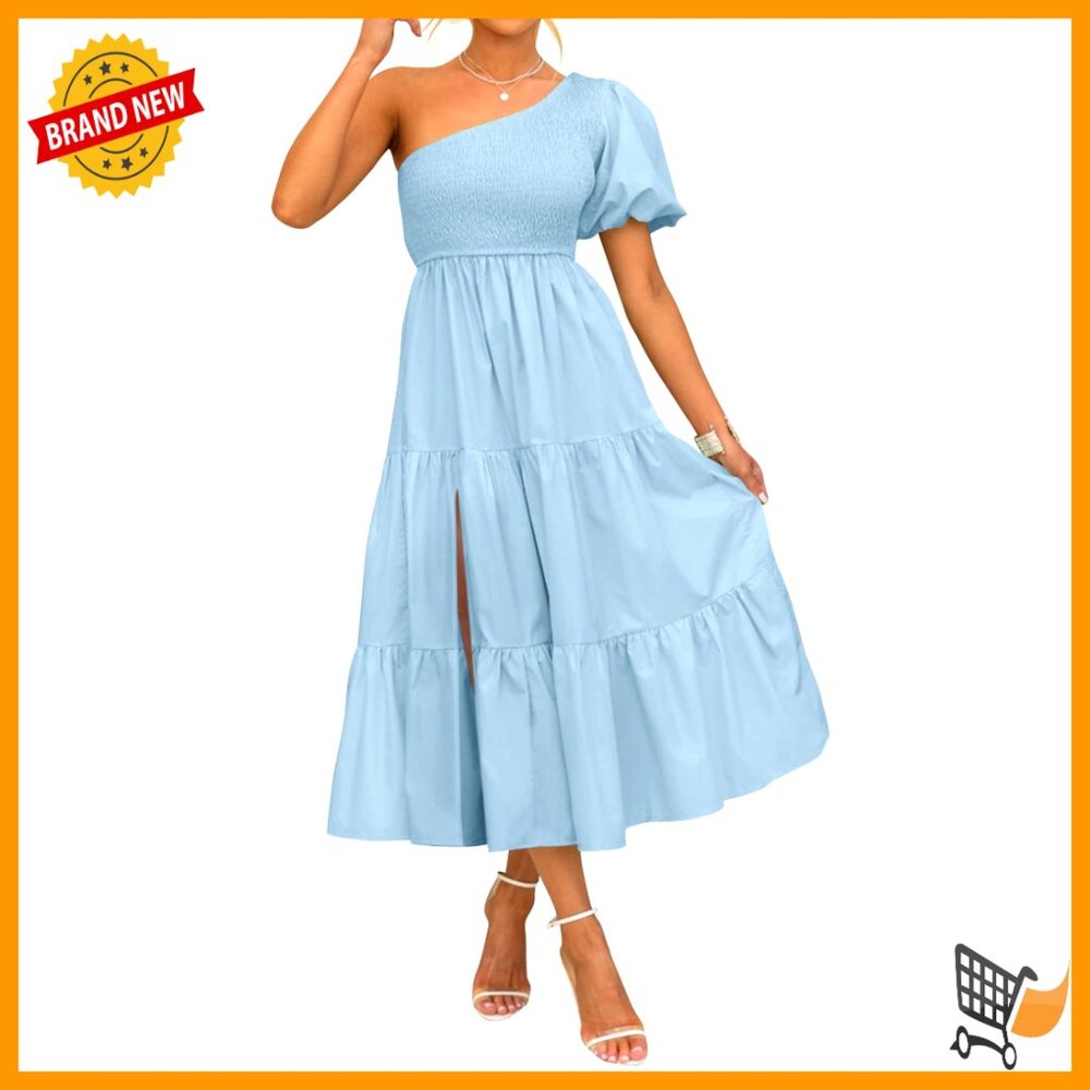 One Shoulder Smocked Midi Dress With Side Split, Rayon, Summer Casual